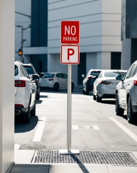 No Parking Sign on Urban Street with Parked Cars. photo