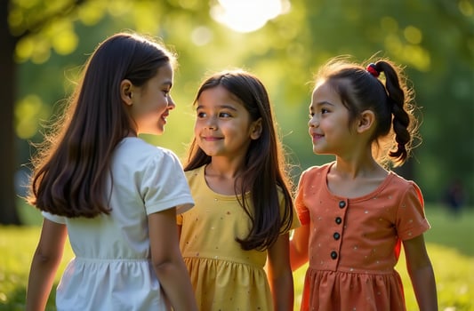 Portrait of three little girls walk in the park, happy childhood photo