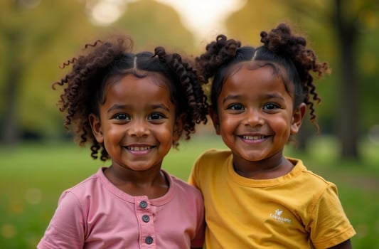 Portrait of two little girls walking in the park happy childhood photo