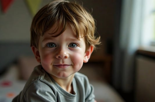 Portrait of little classy boy in children room, happy childhood photo