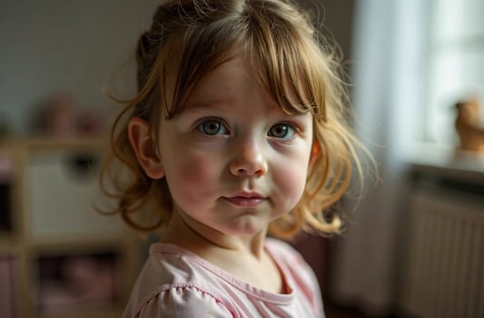 Portrait of little girl in children room, happy childhood classy photo