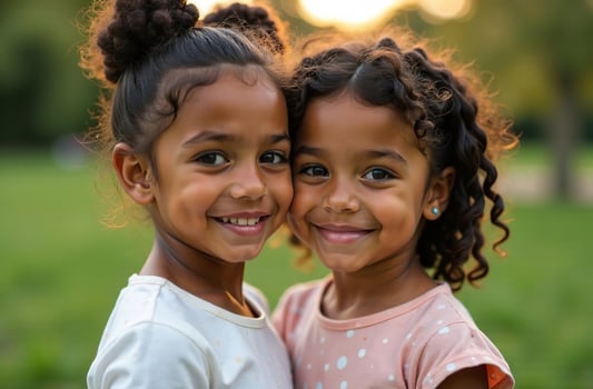 Portrait classy of two little girls walking in the park, happy childhood photo