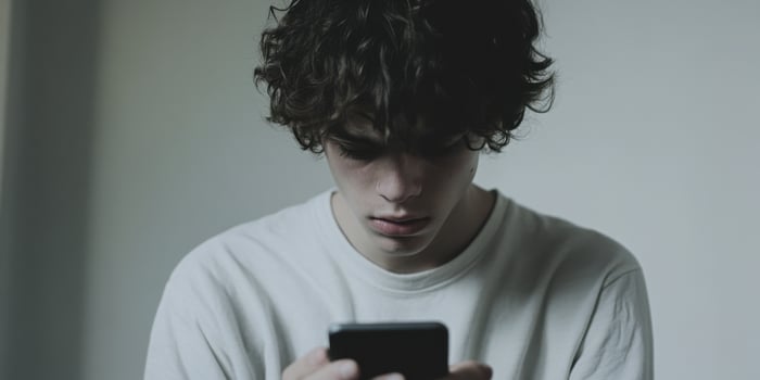 A Teen Deeply Engrossed in a Smartphone While Surrounded by a Minimalist Interior Setting photo