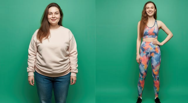 Contrast of female caucasian young adult in casual and athletic outfits on green background photo