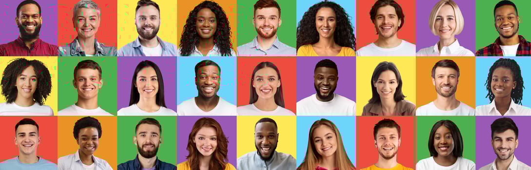 Multiracial people faces mosaic. Collection of various men and women portraits smiling and posing over colorful studio backgrounds, banner design. Collage of happy male and female headshots photo