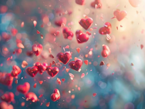 Red hearts falling, bokeh background, romantic. photo