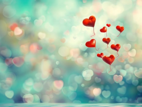 Red heart balloons float on a bokeh background. photo