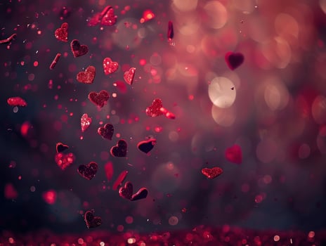 Falling red glitter hearts on bokeh background. photo