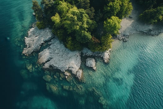 Aerial view of a small island with lush green trees and clear turquoise water. photo