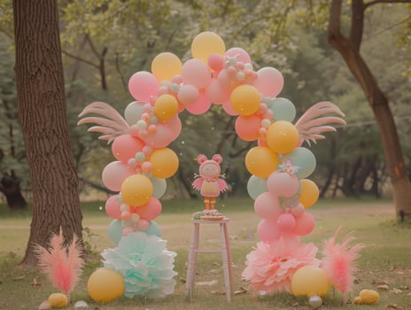 Pastel balloon arch, doll cake, outdoor party setup. photo