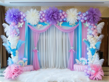 Pastel party backdrop with balloons, flowers, and feathers. photo