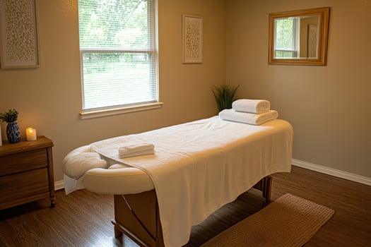 A clean, neutral-toned room with a single massage table, soft white towels, and warm lighting photo