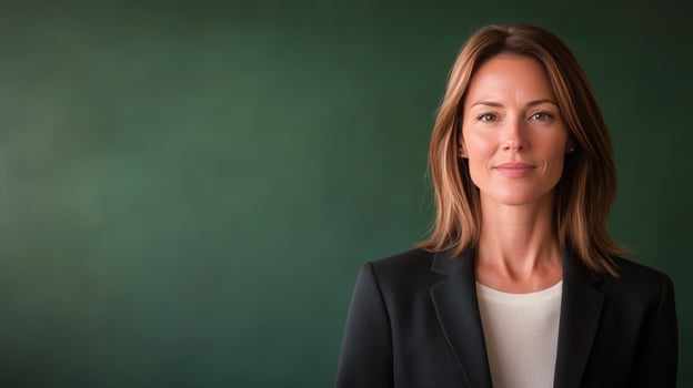 Confident woman poses in professional attire against a blurred dark green background photo