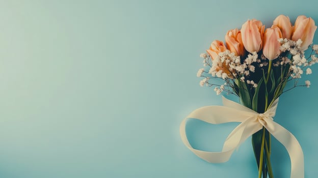 Beautiful bouquet of tulips and babys breath on soft blue background with ribbon photo