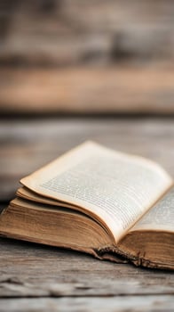 Old open book resting on a wooden surface with soft lighting and natural textures photo