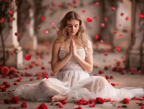 Woman meditating in a rose garden, petals falling. photo