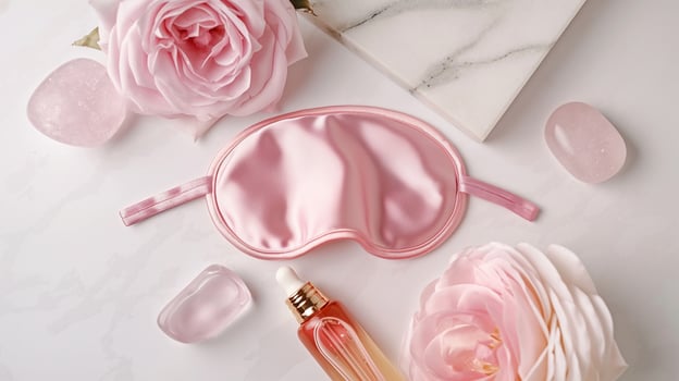 Sleep mask, roses and essential oils image. Feminine composition with pink silk blindfold photography scene wallpaper. Bedroom comfort accessories concept photorealistic photo