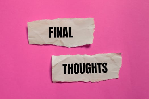 Final thoughts message written on ripped paper pieces with pink background. Conceptual final thoughts symbol. Copy space. photo