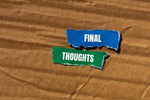 Final thoughts message written on ripped torn paper pieces with cardboard background. Conceptual final thoughts symbol. Copy space. photo
