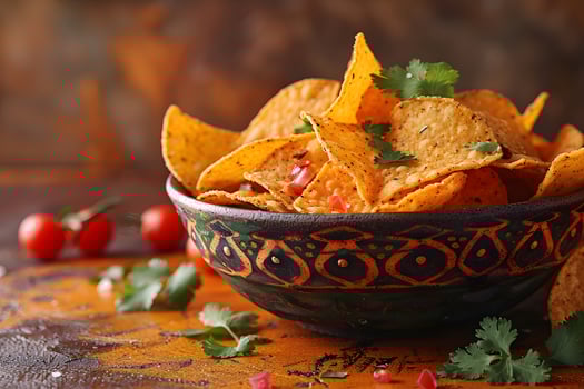 Spicy Tortilla Chips in Decorative Bowl with Fresh Cilantro and Cherry Tomatoes - Perfect for Mexican Cuisine Enthusiasts photo