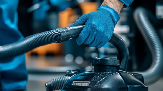 A person in blue overalls is holding a vacuum cleaner photo