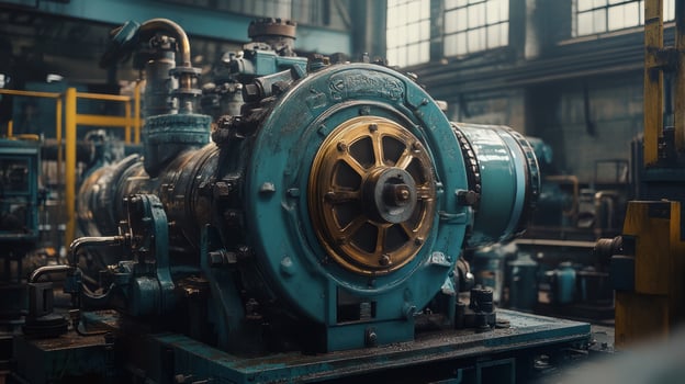 A large blue engine in a factory photo