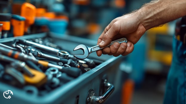 A man holding a wrench in his hand with tools in a tool box photo