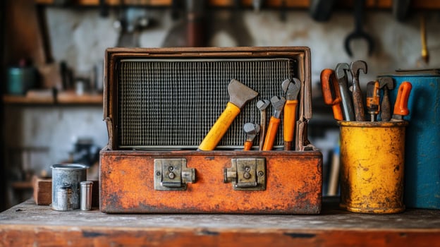Old rusty toolbox with tools on a wooden table photo