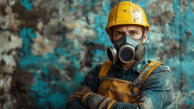 A man in a gas mask standing in front of a grungy wall photo