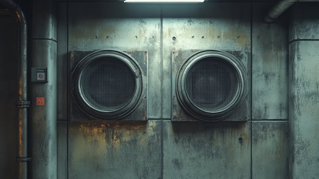 Two large circular vents on a weathered metal wall in an industrial setting. photo