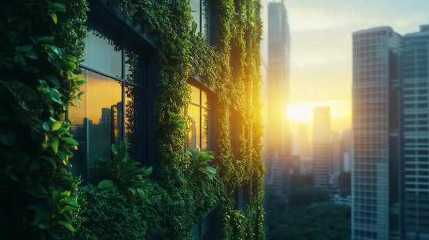 Urban building with greenery at sunset, showcasing eco-friendly architecture. photo