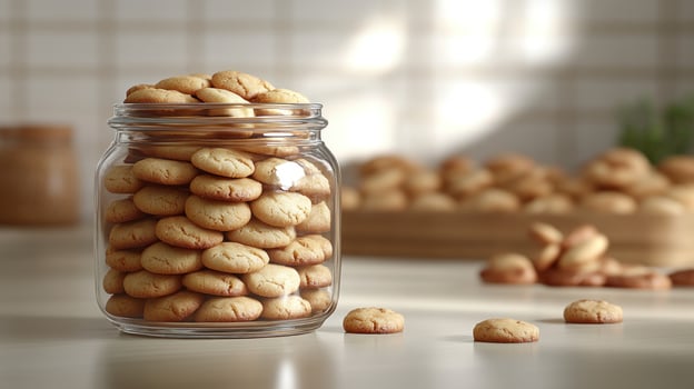 Golden-brown cookies are stacked in a jar, casting soft shadows in a cozy kitchen photo
