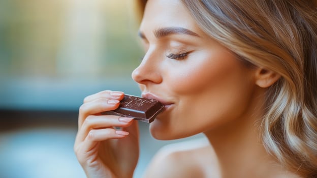 A woman enjoys a piece of rich chocolate, her expression reflecting pleasure and indulgence photo