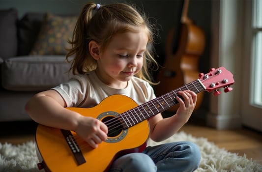 Child playing toy guitar, young cool musician play music in playroom photo