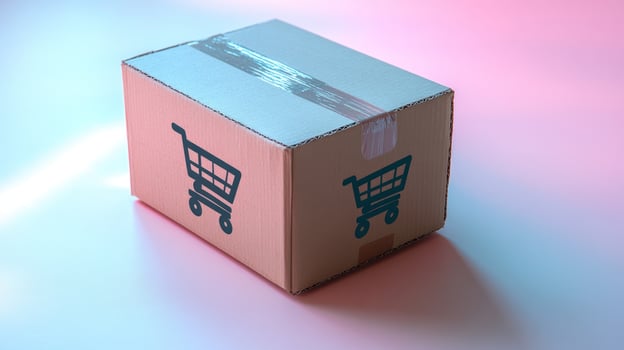 A brown box with a shopping cart emblem rests on a pastel backdrop, suggesting online shopping photo