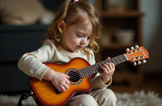 Child playing toy guitar, young musician cool play music in playroom photo