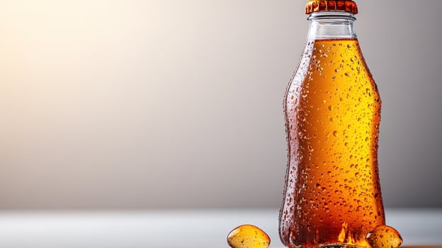 A refreshing drink in a glass bottle sparkles with condensation, inviting enjoyment on a warm day photo