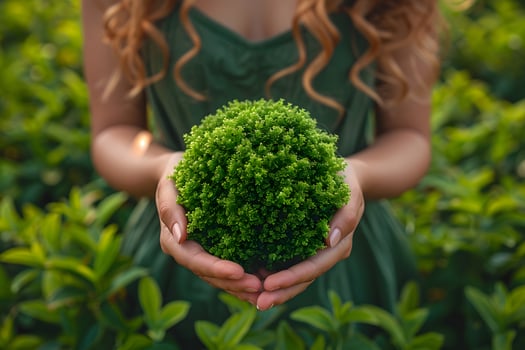Nature Embrace Woman Holding Lush Green Plant Sphere in Garden Setting photo