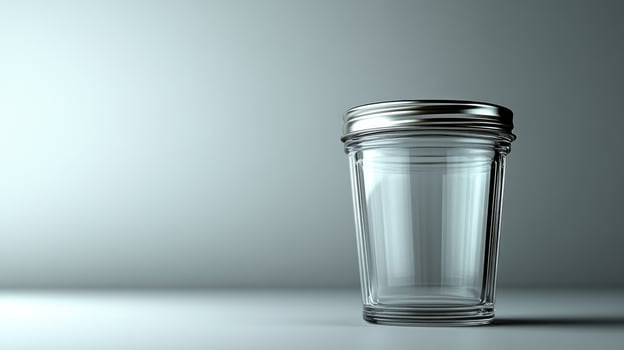 A clear glass jar on a smooth surface showcases minimalism and subtle reflections photo