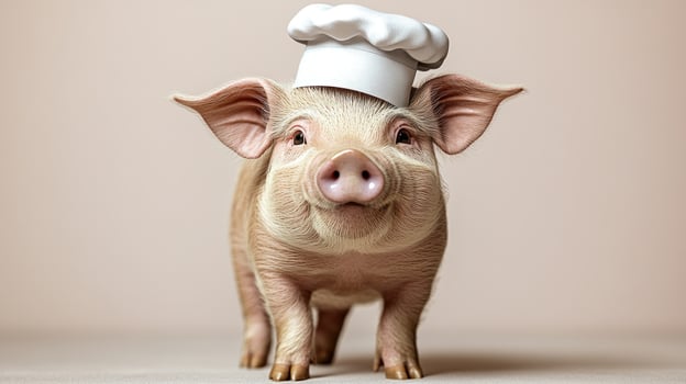 A delightful pig dons a chef's hat, exuding charm and happiness, poised for culinary adventures photo