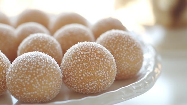 Delicious round treats coated in sparkling sugar shine brightly on a serving platter, inviting joy photo