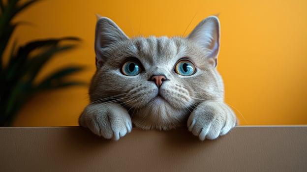 A fluffy cat with striking blue eyes leans over a wooden edge, curiously exploring its surroundings photo
