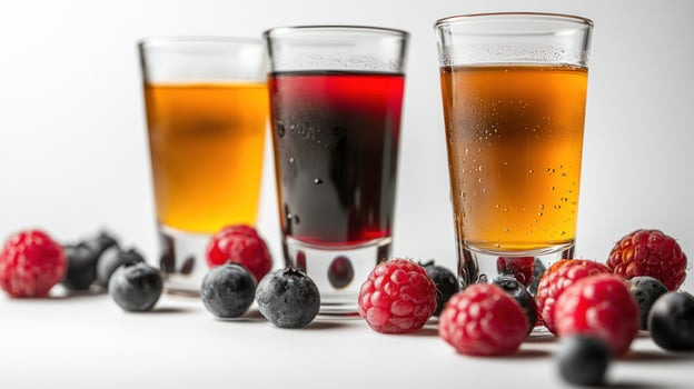 Three colorful drinks beside fresh berries, perfect for summer photo
