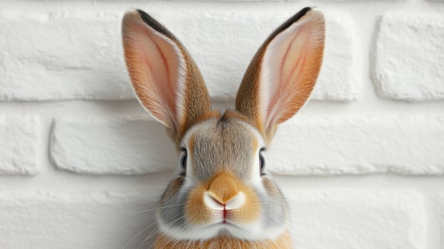 A cute rabbit with large ears sits calmly, showcasing its soft fur and curious expression photo