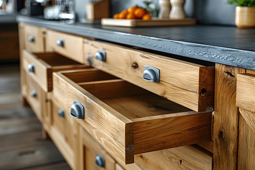 Rustic Wooden Kitchen Drawers with Modern Handles in a Cozy Interior Design photo