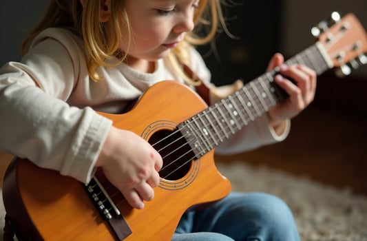 Child playing toy guitar young musician play music in playroom photo