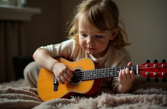 Child playing toy guitar, young musician play music in playroom photo
