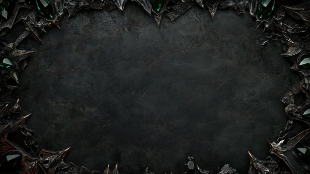 Dark and dramatic fantasy background featuring sharp, jagged black rocks with metallic accents, creating a luxurious and mystical atmosphere, perfect for game design, posters, or digital art photo