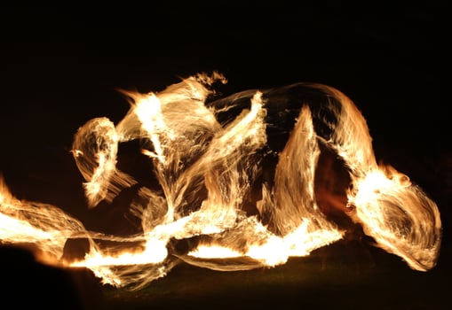 Long exposure shot of moving burning torches and fire photo