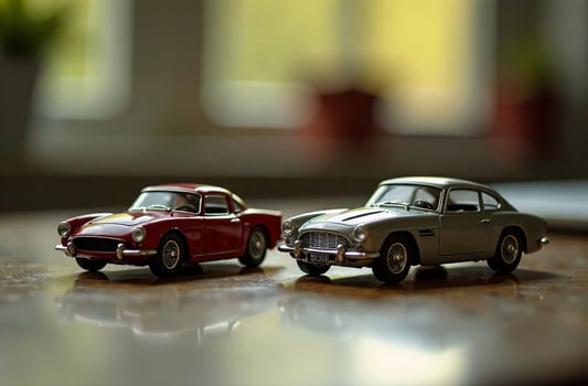 Toy colored models cars stand on wooden table in playroom photo